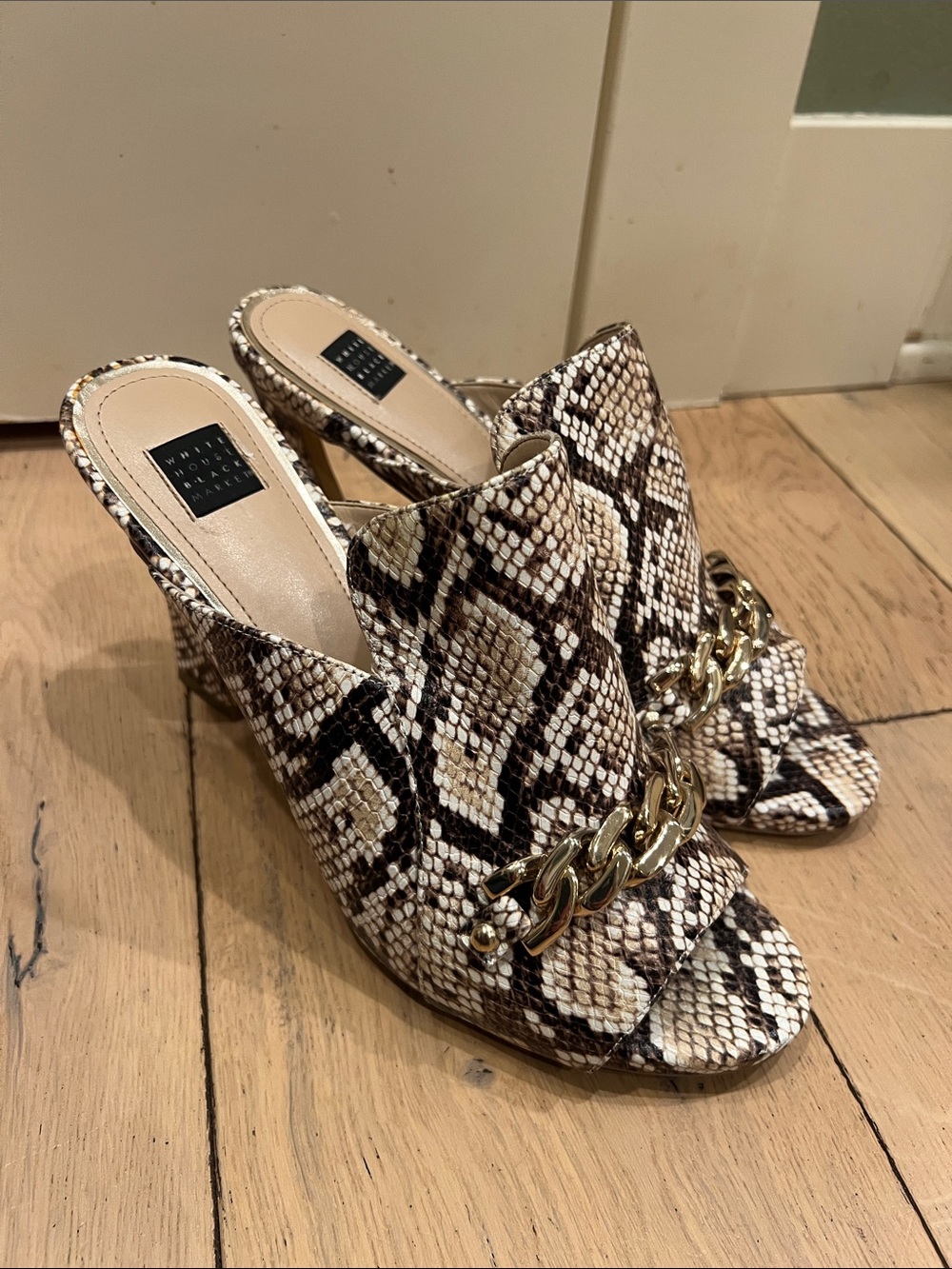 White House Black Market Snakeskin Chain-Trim Mule Heels - Brown/Beige